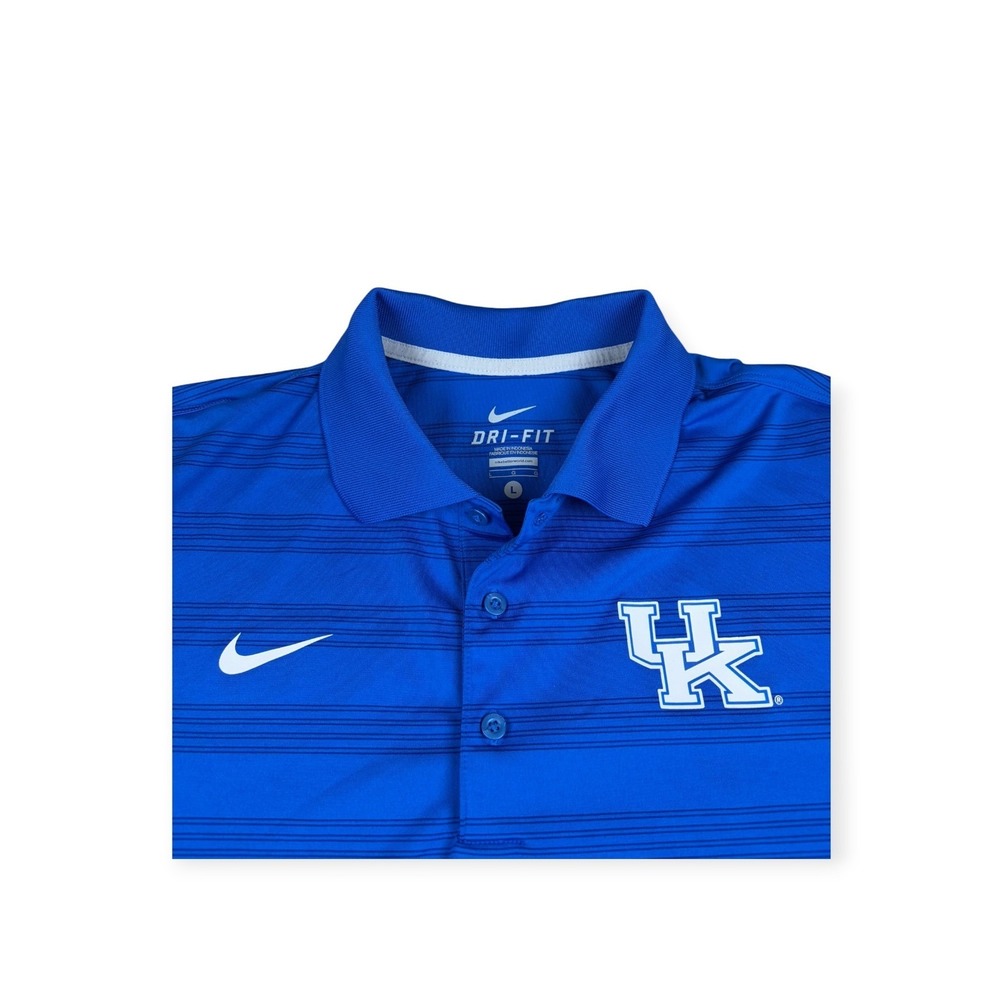 Nike Dri-FIT Kentucky Wildcats Mens Large Blue Striped Polo Shirt UK Logo NCAA